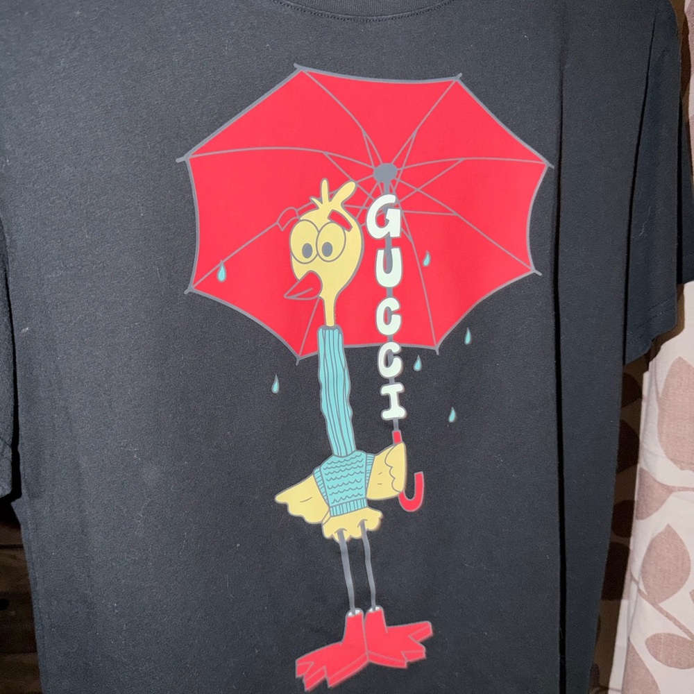 Gucci Kids Black Tee with Red Umbrella and Cartoon Design